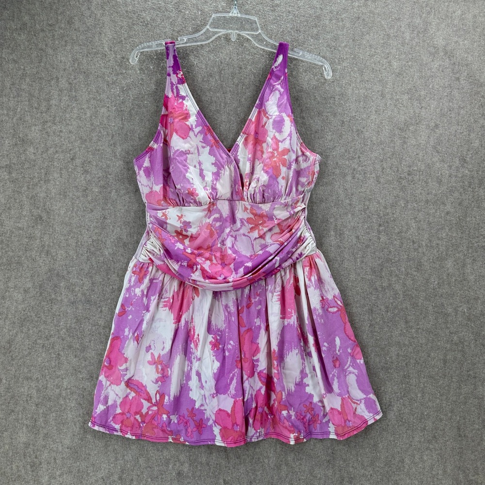 Denim & Co Beach Pink Purple Floral Swim Dress Plus Size 18W Tropical One Piece